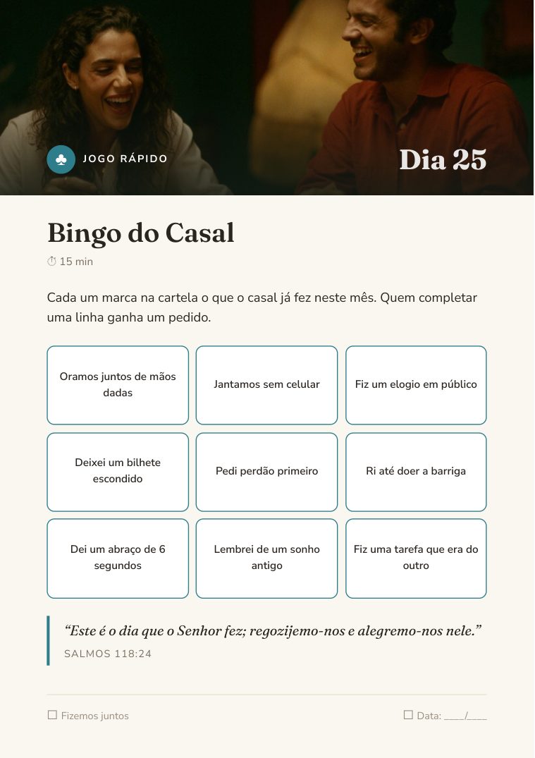Página do Bingo do Casal